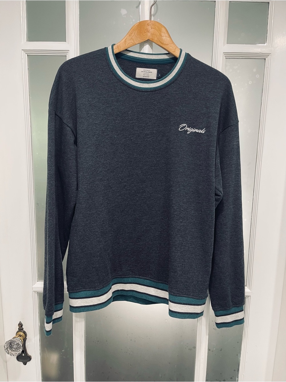 Jack and Jones Charcoal Crewneck Sweater with Teal and White Trim